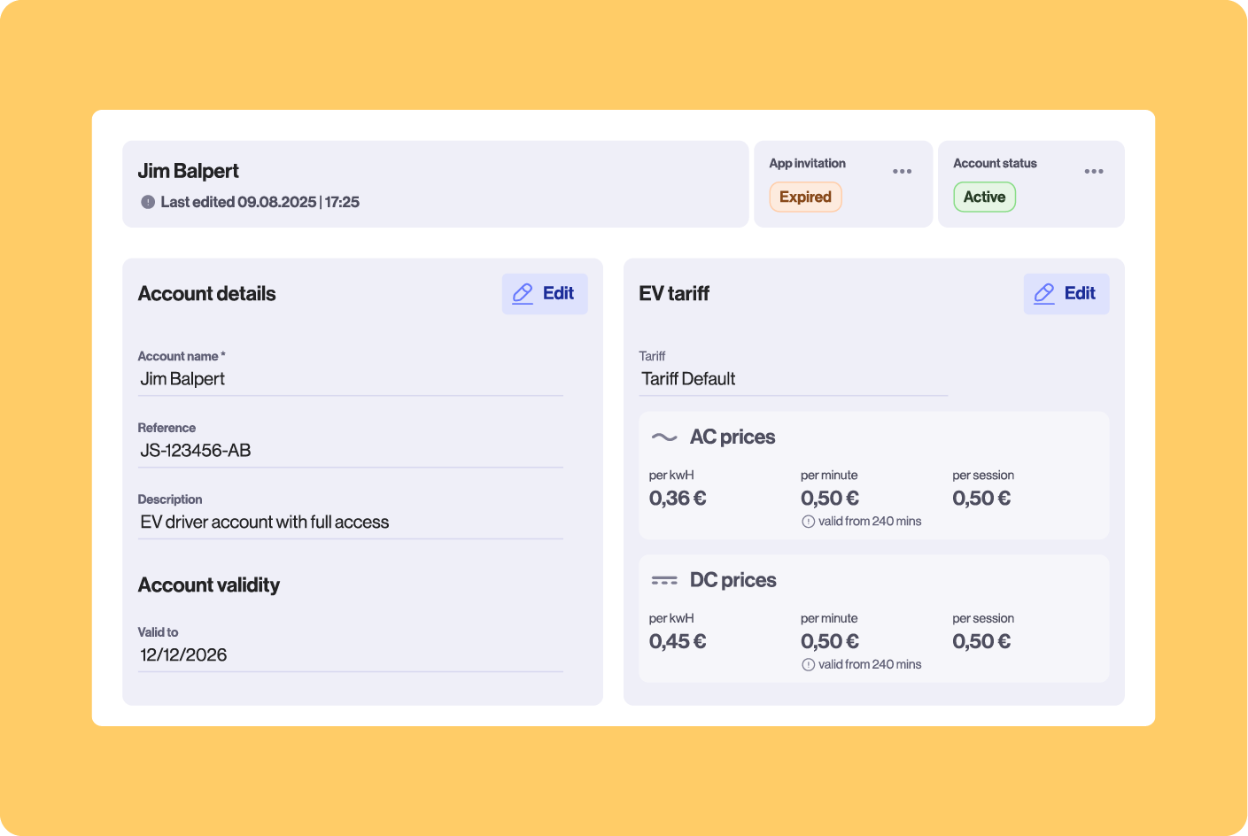 User account screen for Jim Balpert showing EV tariff rates (AC and DC), account details including full EV driver access, and validity until 12/12/2026.