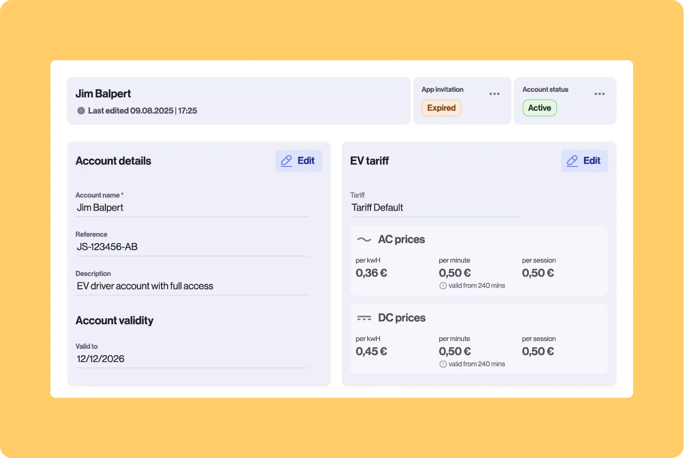 User account screen for Jim Balpert showing EV tariff rates (AC and DC), account details including full EV driver access, and validity until 12/12/2026.