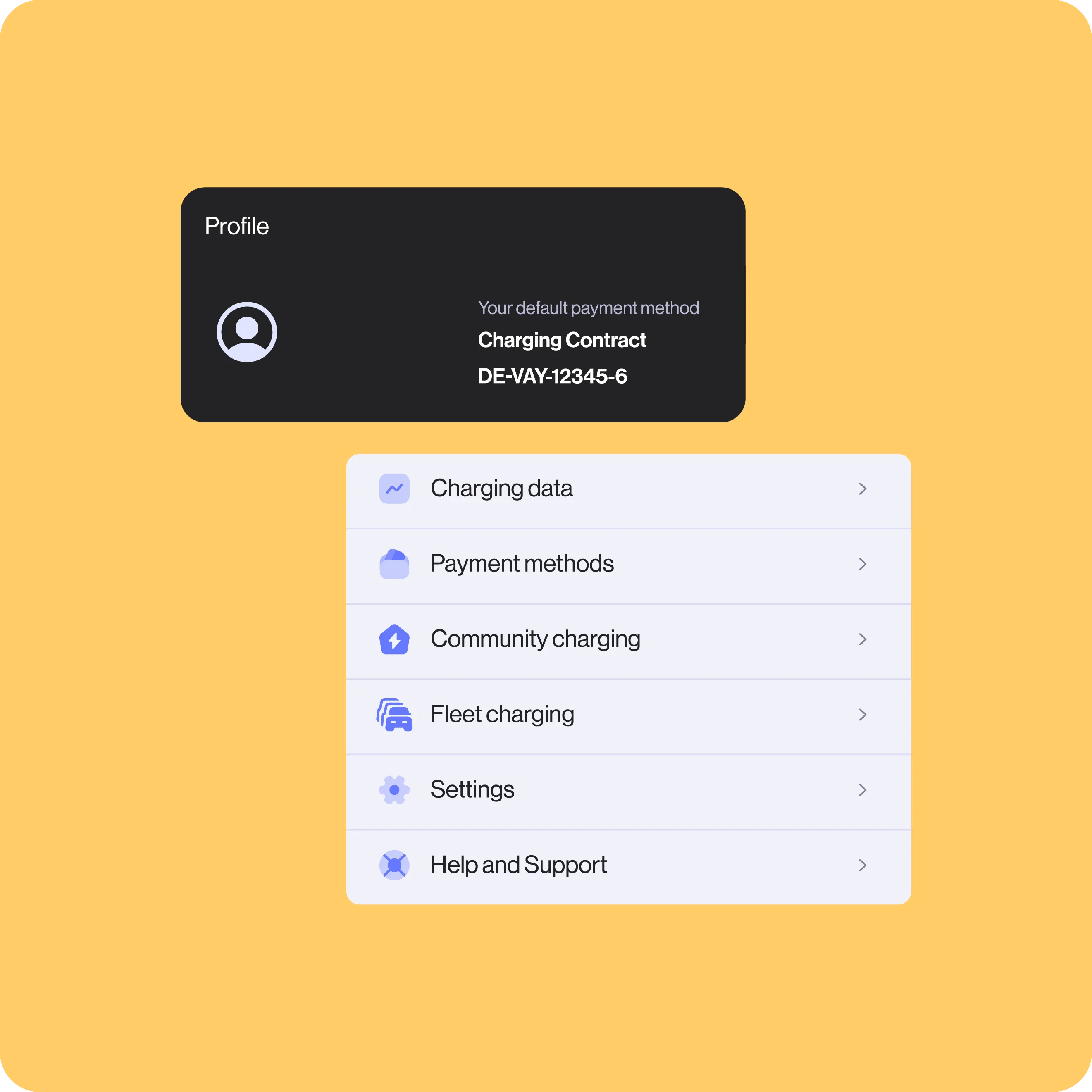 Profile screen from an EV charging app showing the default payment method and a list of menu options including charging data, payment methods, community charging, fleet charging, settings, and support.