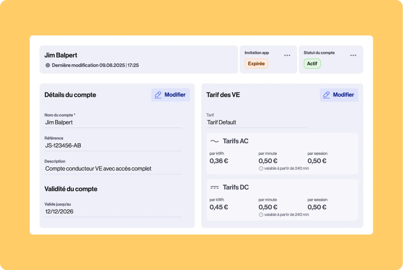 Écran de compte utilisateur pour Jim Balpert affichant les tarifs de recharge VE (AC et DC), les détails du compte avec accès complet conducteur VE, valable jusqu'au 12/12/2026.