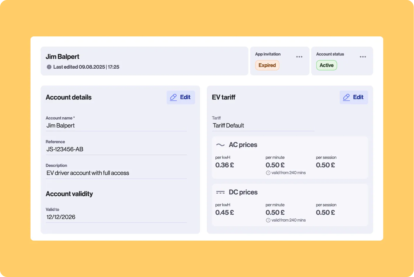 User account screen for Jim Balpert showing EV tariff rates (AC and DC), account details including full EV driver access, and validity until 12/12/2026.