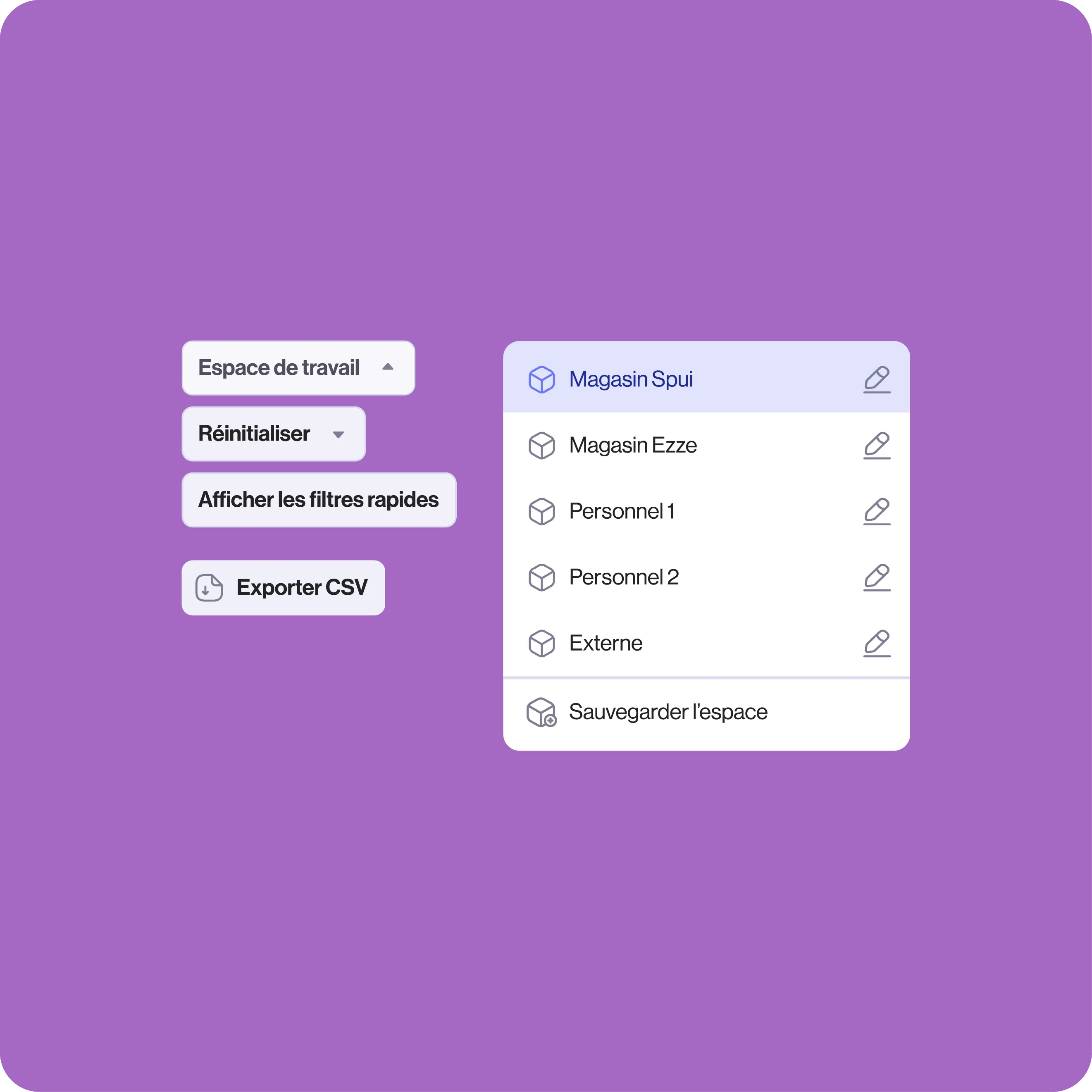 Interface de sélection et gestion des espaces de travail avec options comme « Office Spui », « Personnel 1/2 », « Store Ezze » et boutons pour exporter en CSV ou afficher les filtres rapides.