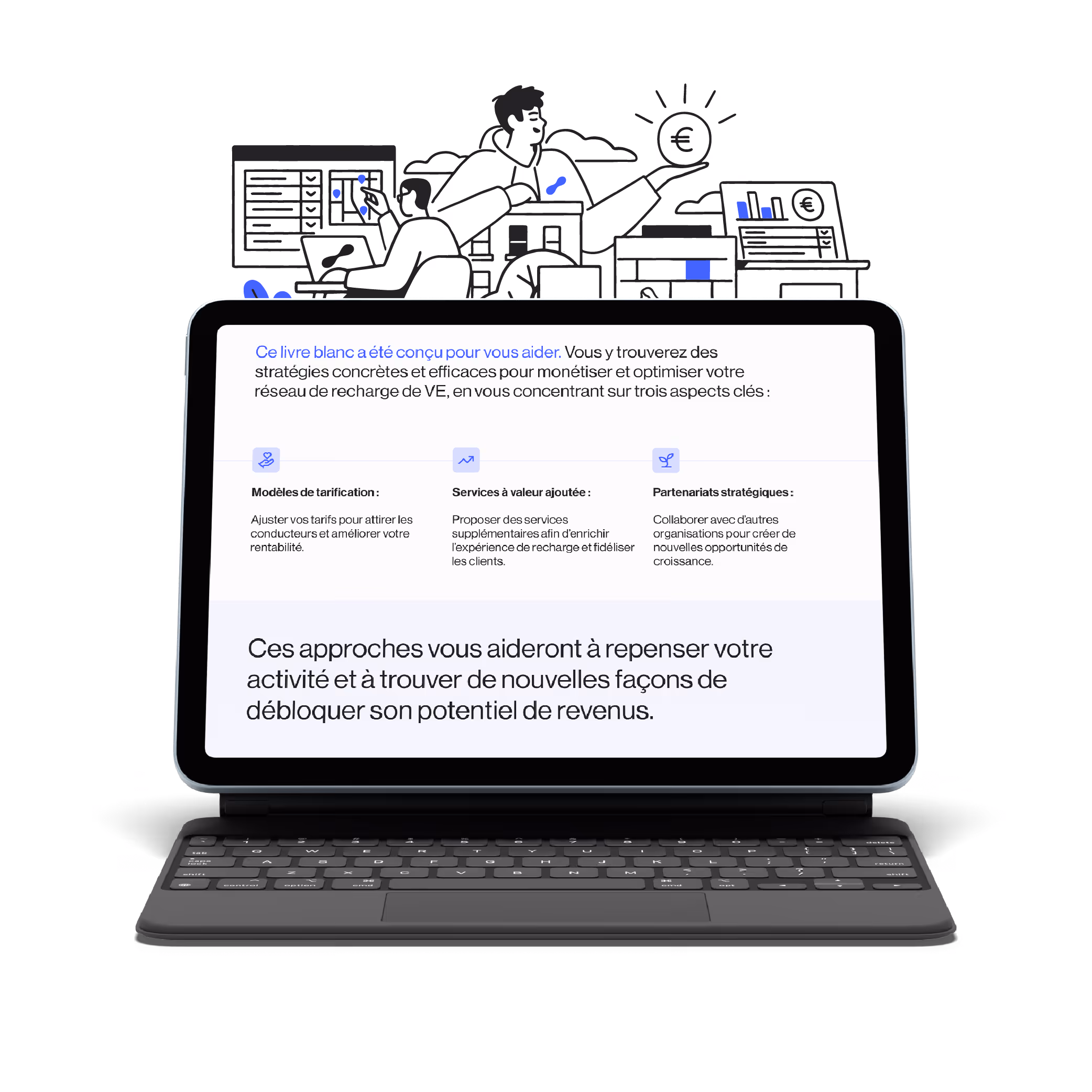 Tablet displaying guide for monetizing EV charging networks, featuring pricing models, value-added services, and strategic partnerships for business growth