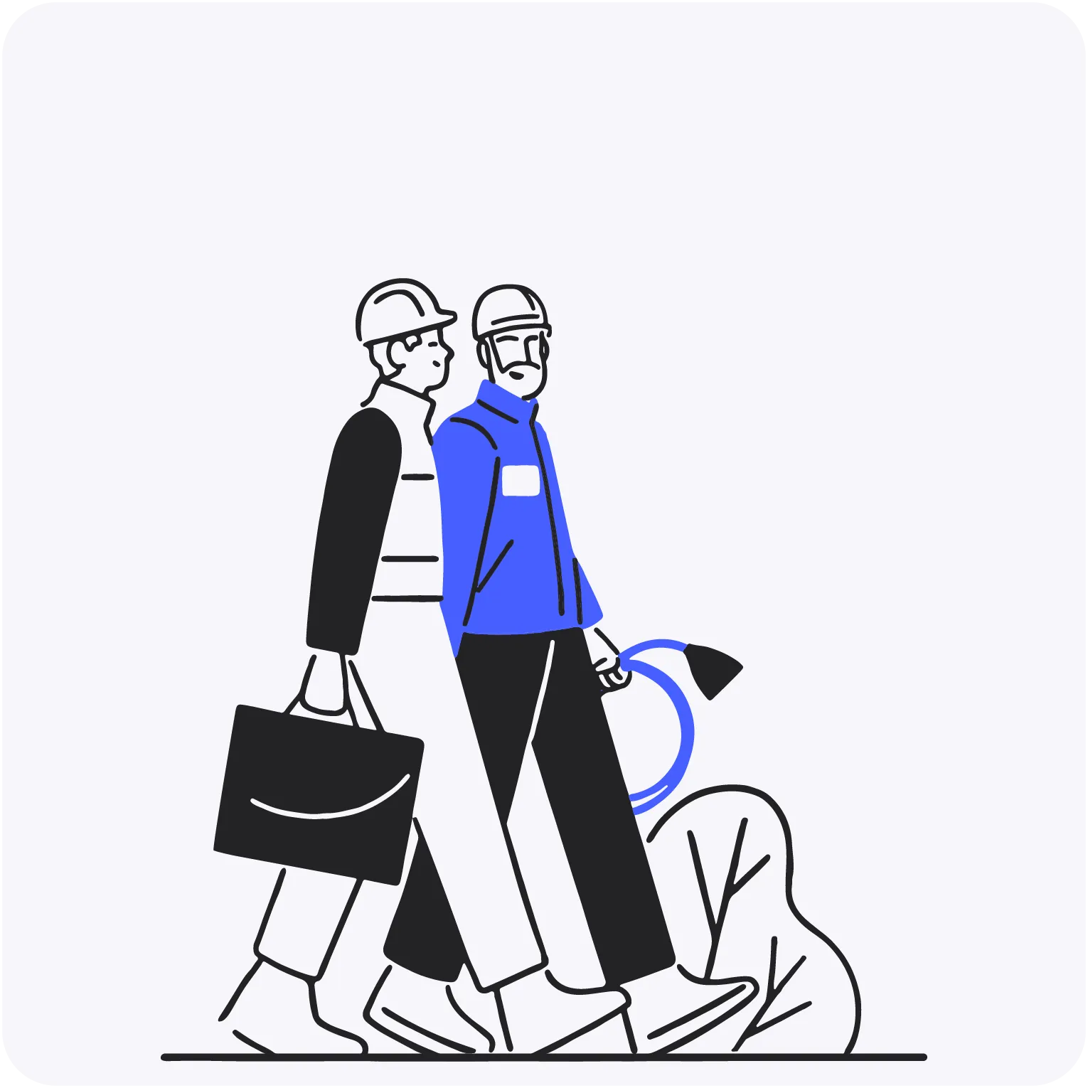 Illustration of two workers wearing helmets walking, one carrying a briefcase and the other holding a hose.