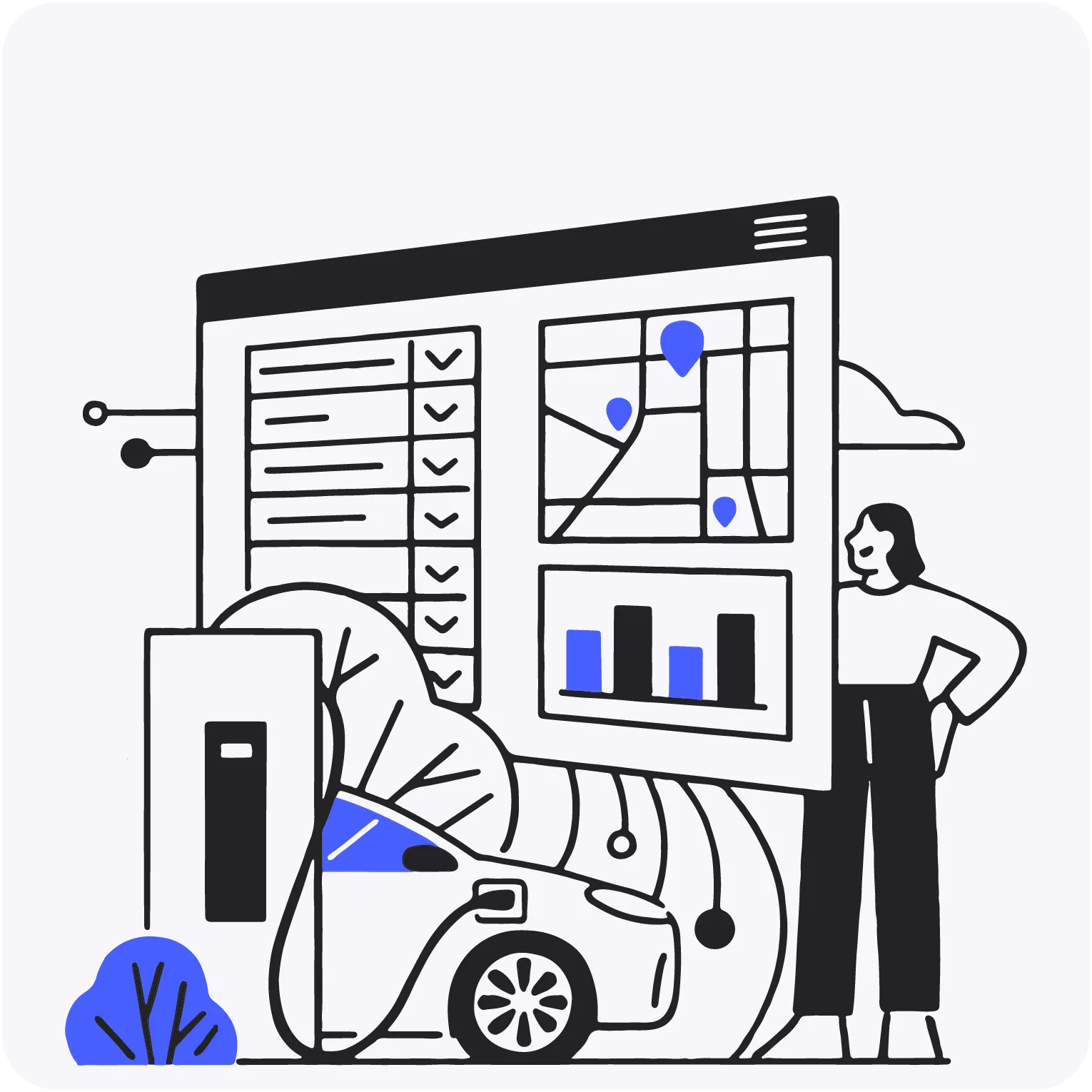 Illustration of an electric car charging with a large digital dashboard showing location pins and bar graphs, and a person standing beside it.