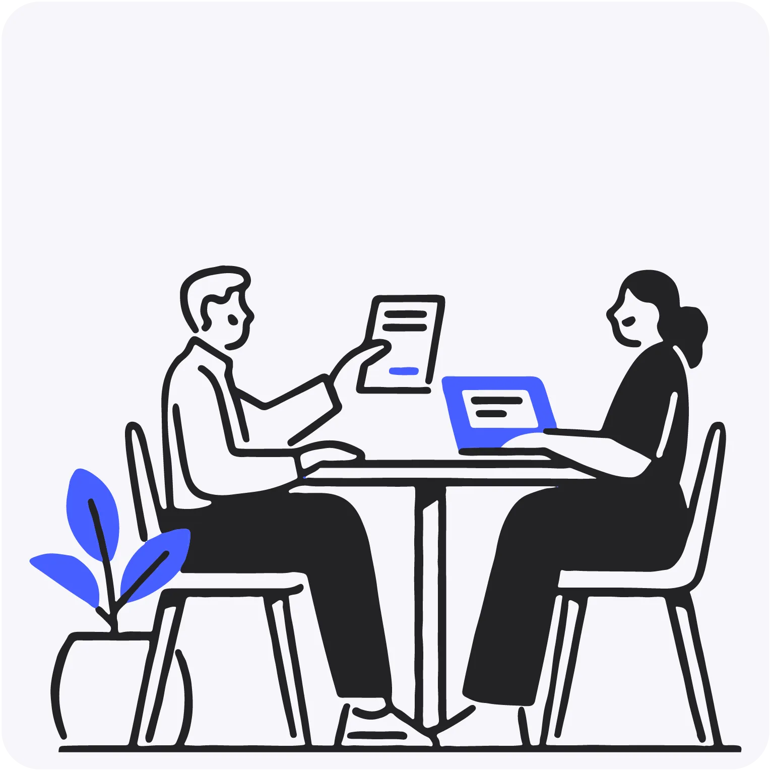 Illustration of a man and woman seated at a table, the man holding a document and the woman working on a laptop.
