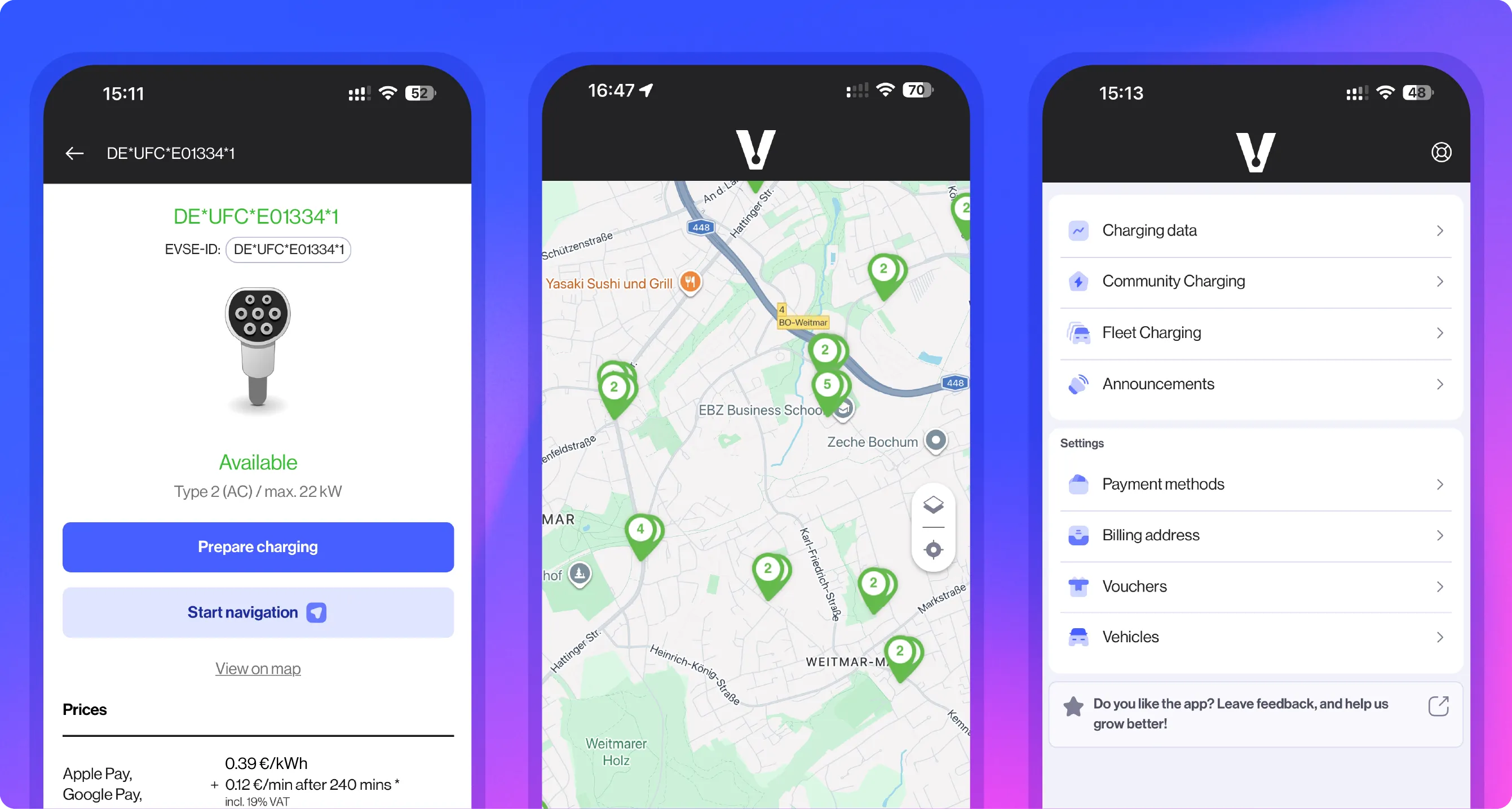 Three smartphone screens showing an electric vehicle charging app: the first screen shows charger details with options to prepare charging or start navigation, the second screen displays a map with multiple charging station locations, and the third screen lists app menu options including charging data and payment methods.
