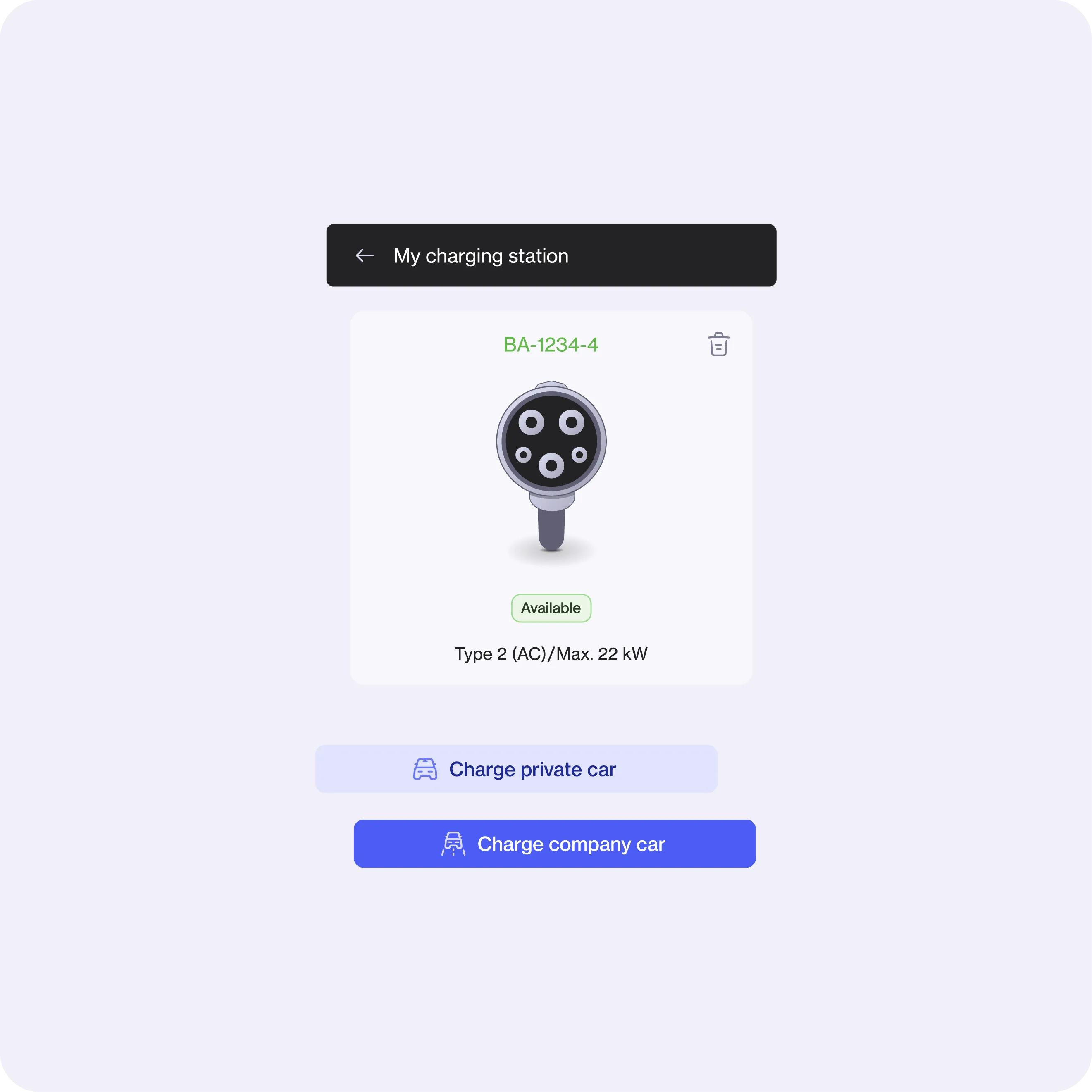 User interface showing a Type 2 AC electric car charging plug labeled BA-1234-4, status available, with options to charge private or company car.