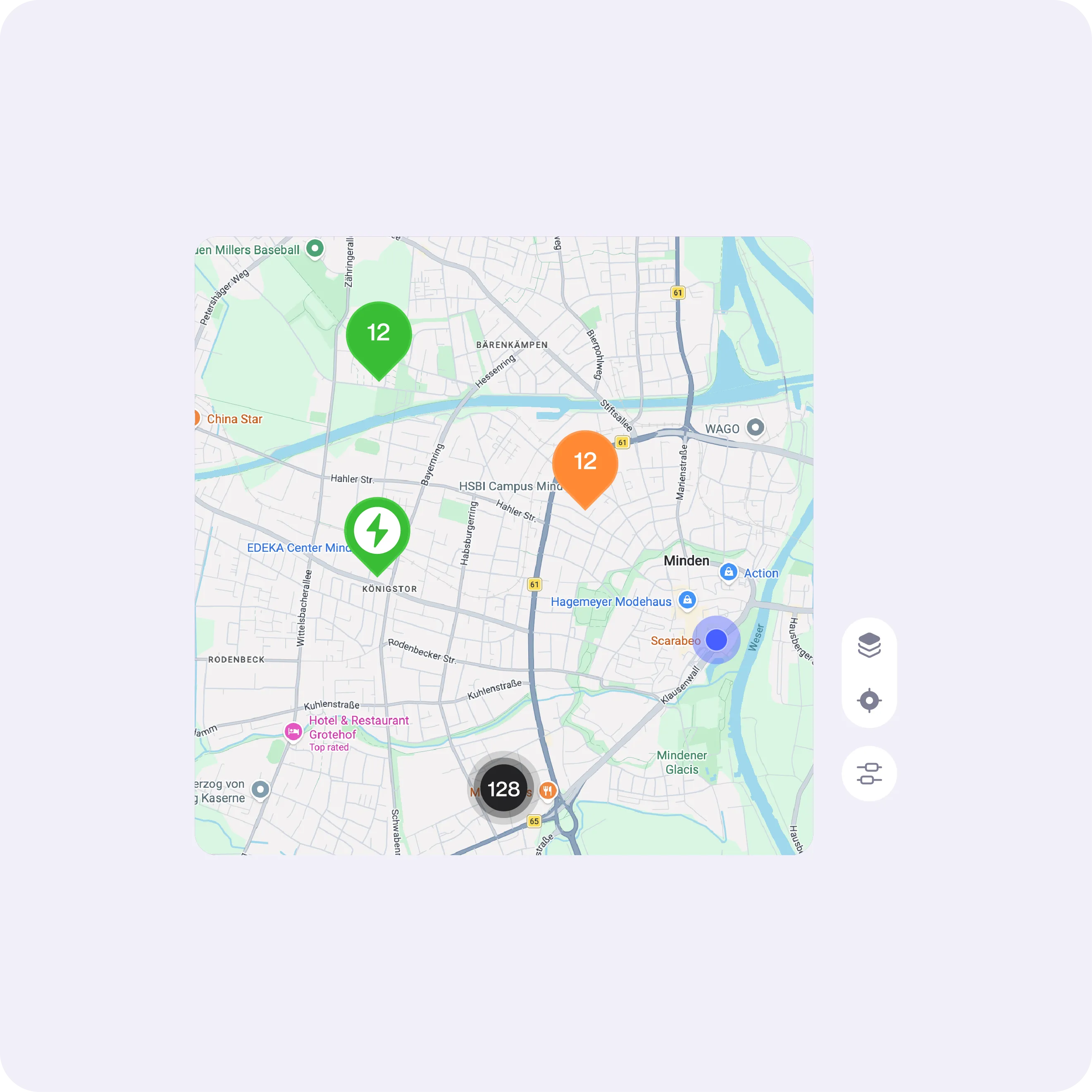 Map of Minden area with colored location markers showing numbers 12 in green and orange pins, a green lightning bolt icon, and a black marker with number 128.