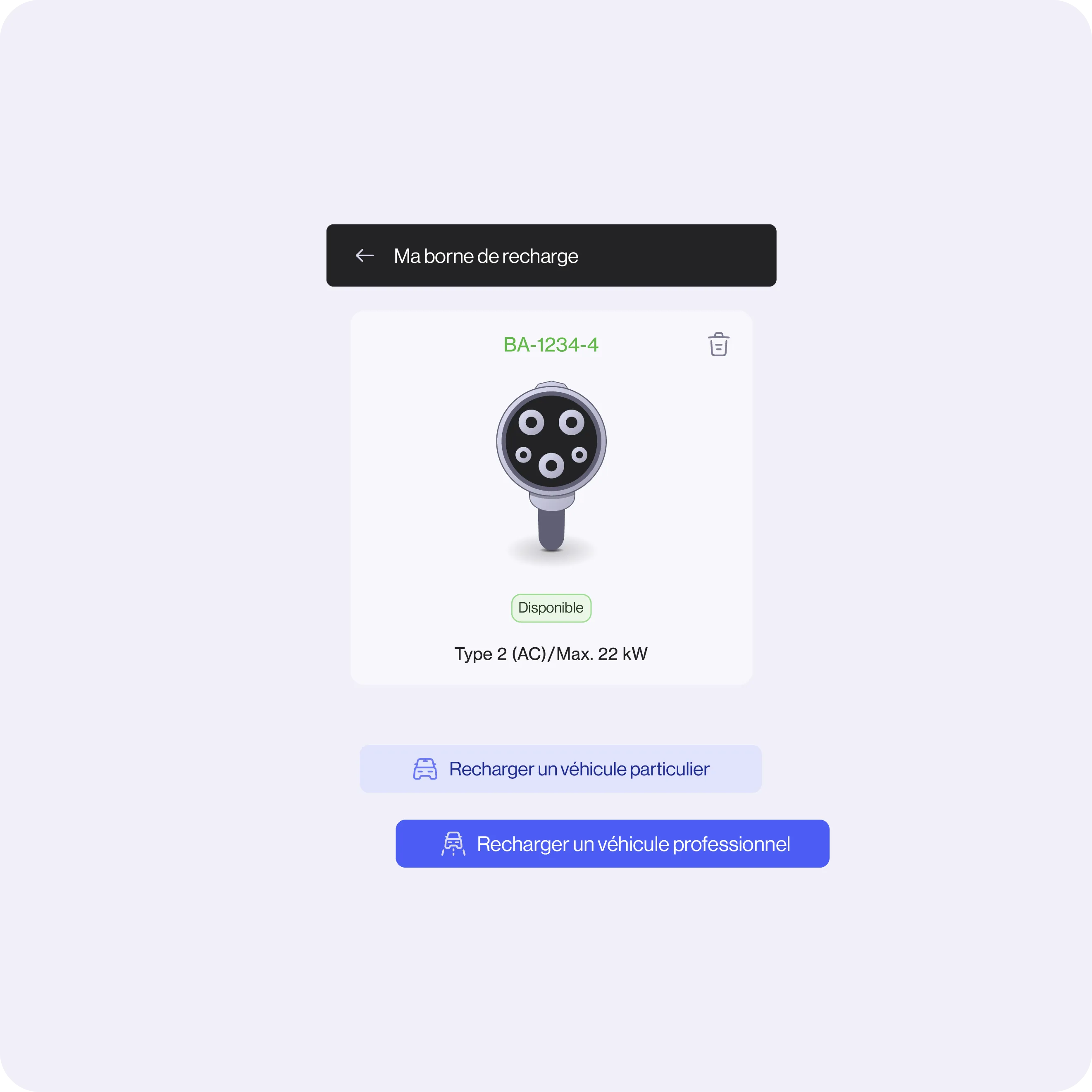Screen showing an electric vehicle charging station type 2 (AC) charging port with ID BA-1234-4, status available, max 22 kW, and options to recharge a private or professional vehicle.