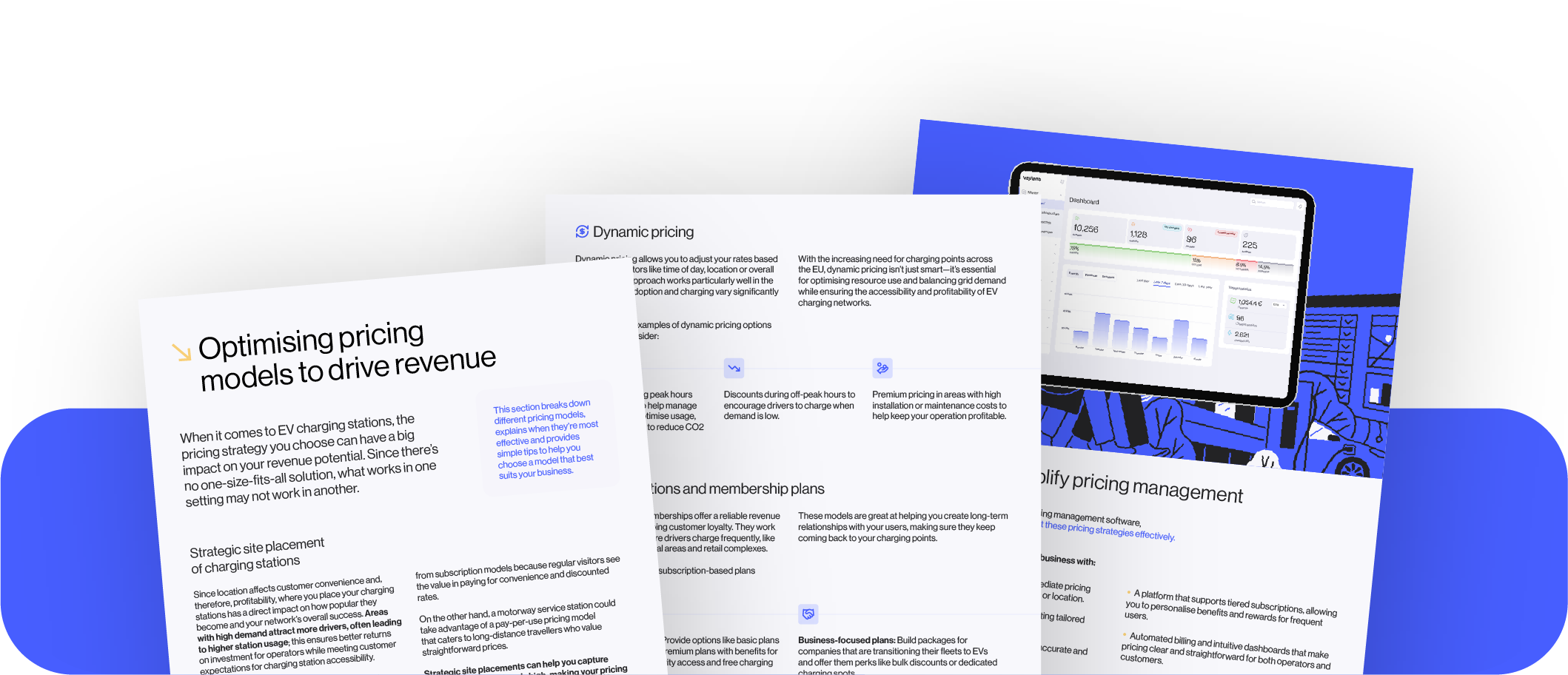 Tablet displaying guide for monetizing EV charging networks, featuring pricing models, value-added services, and strategic partnerships for business growth