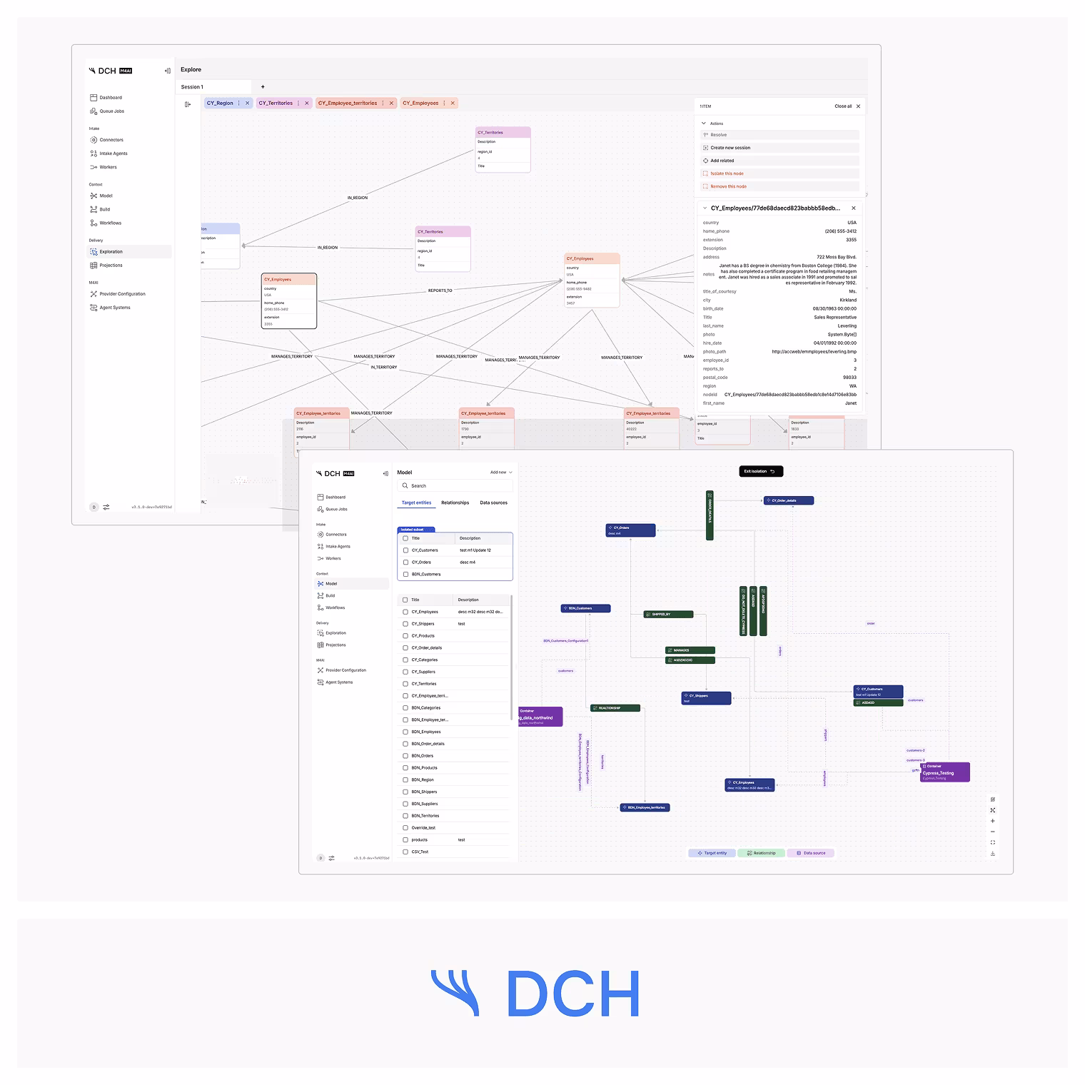 Two layered screenshots of DCH software interface showing data modeling with connected tables and entity relationships, above the DCH blue logo.