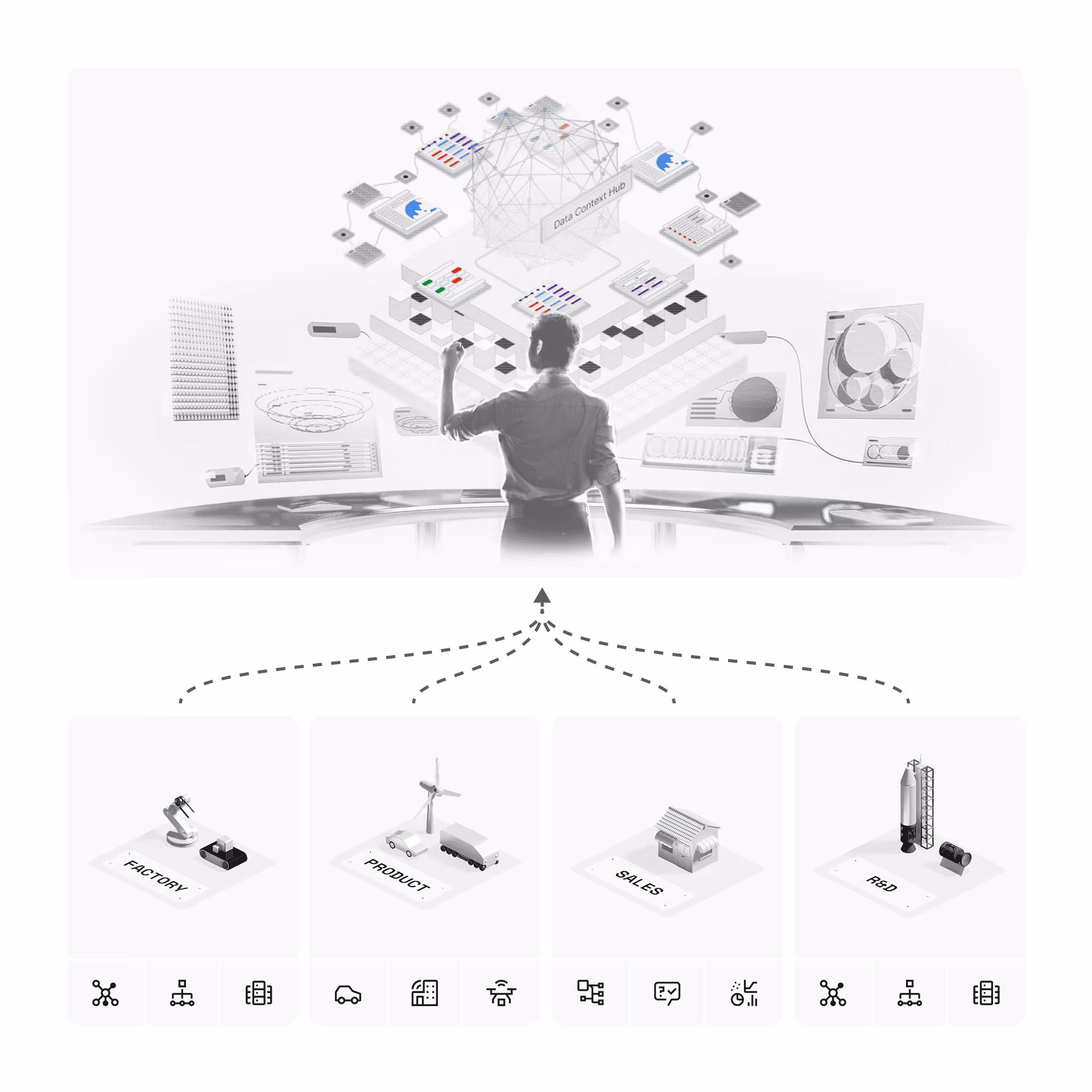 Person interacting with a futuristic data interface labeled Data Context Hub connected to factory, product, sales, and R&D icons below.
