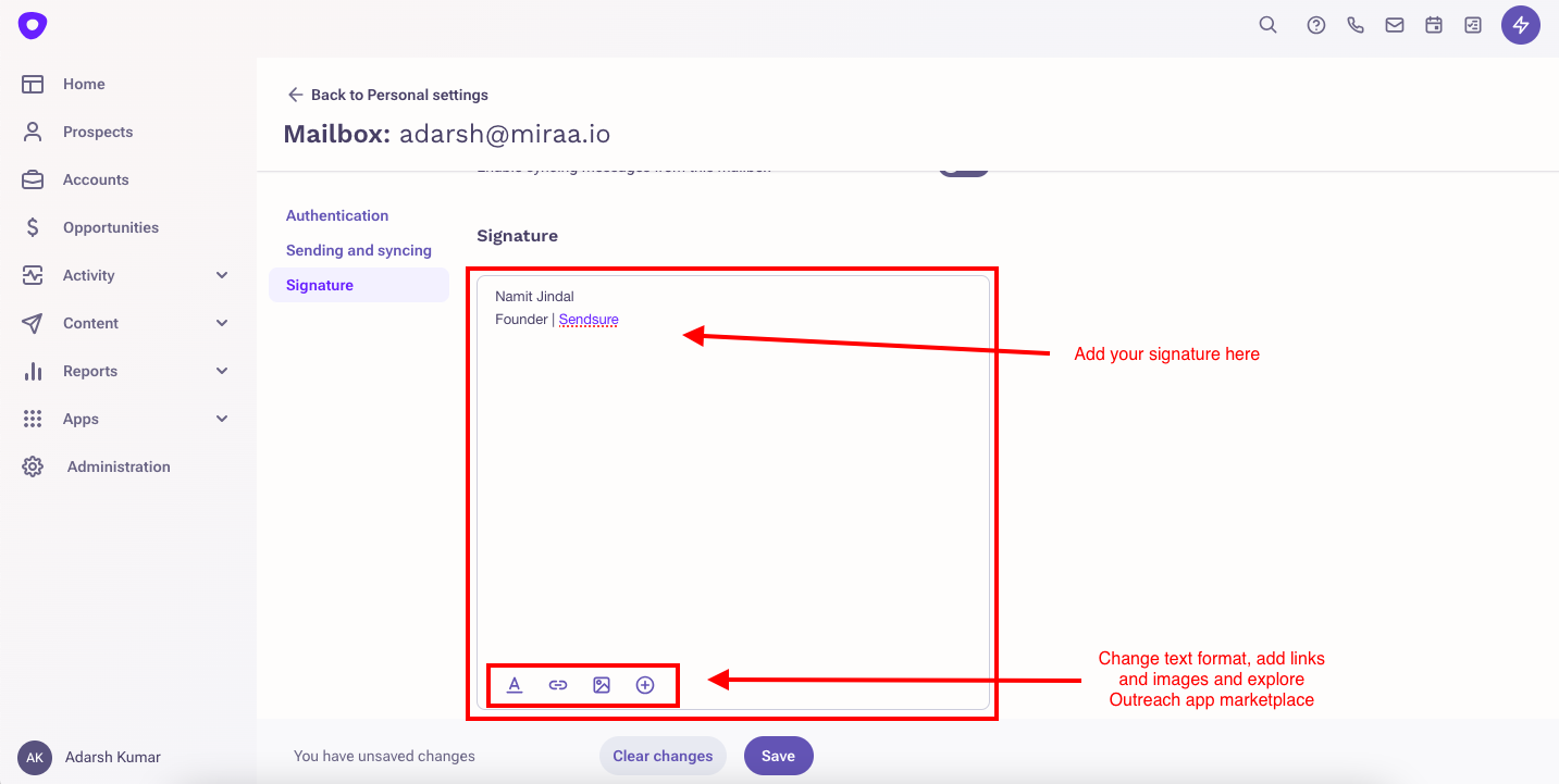 Outreach signature settings with options to add and format a signature