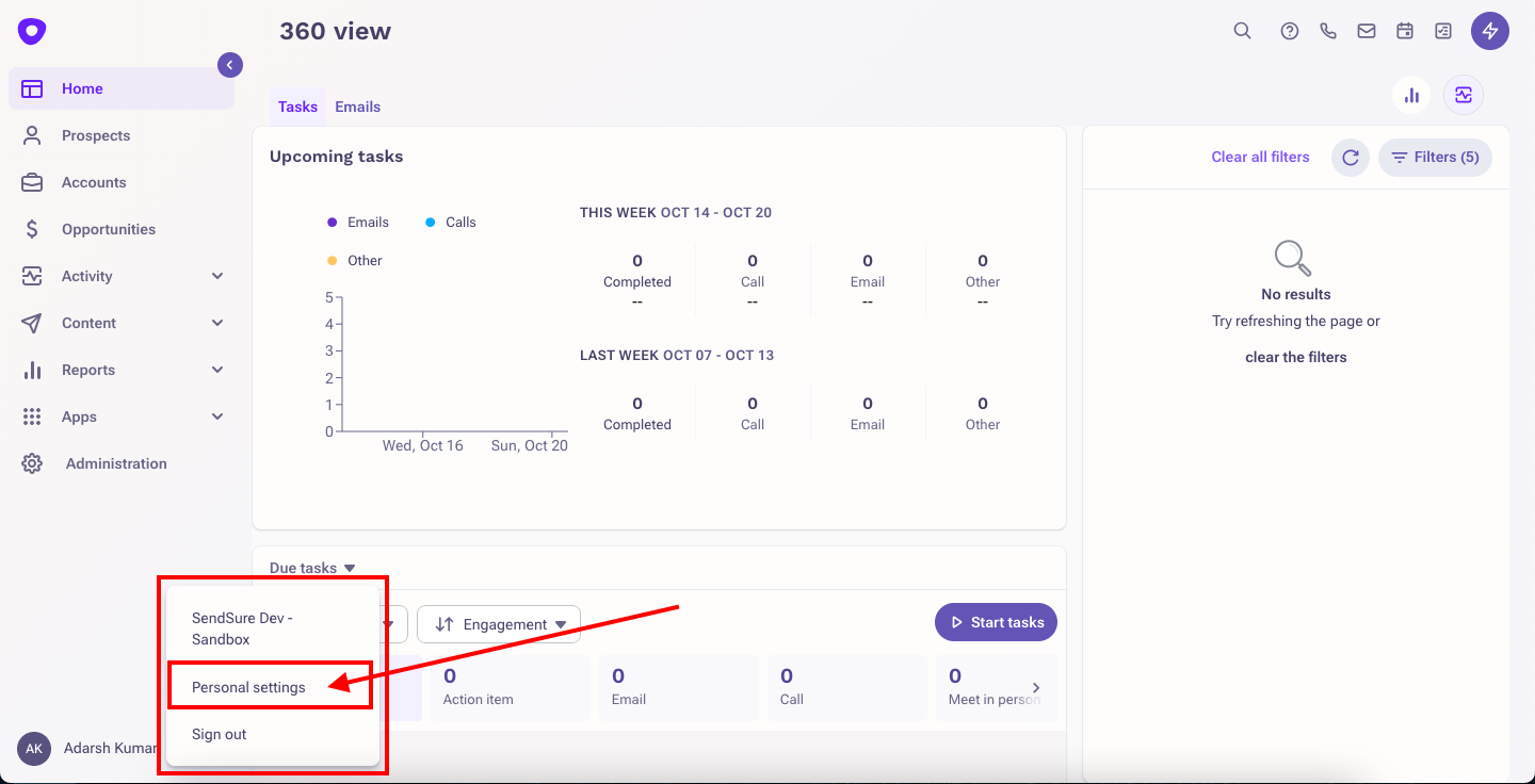 Outreach dashboard with a menu option to access personal settings highlighted