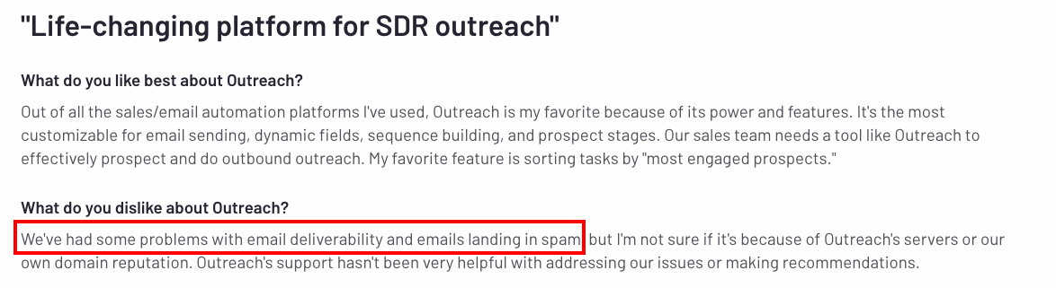  Review mentioning Outreach's email deliverability issues