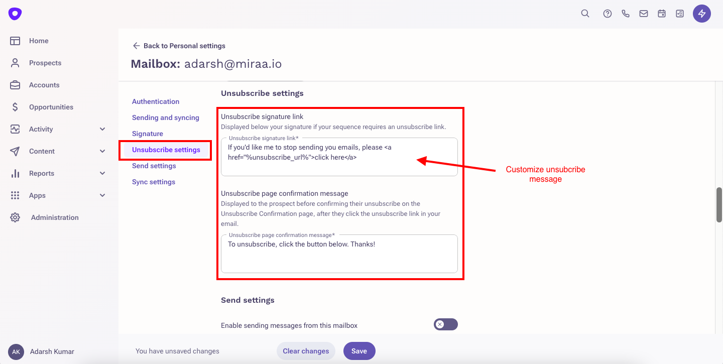 Outreach unsubscribe settings for customizing the unsubscribe message.