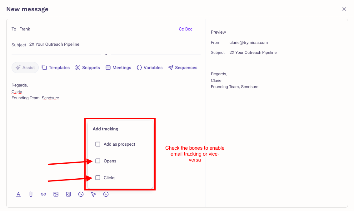 Enabling email tracking option in Outreach