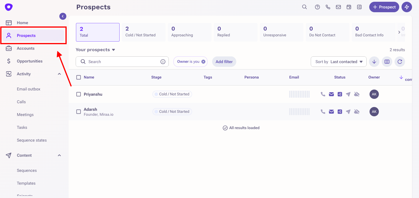 Outreach.io-dashboard-with-'Prospects'-section-highlighted-showing-list-filtered-by-'Owner-is-you.