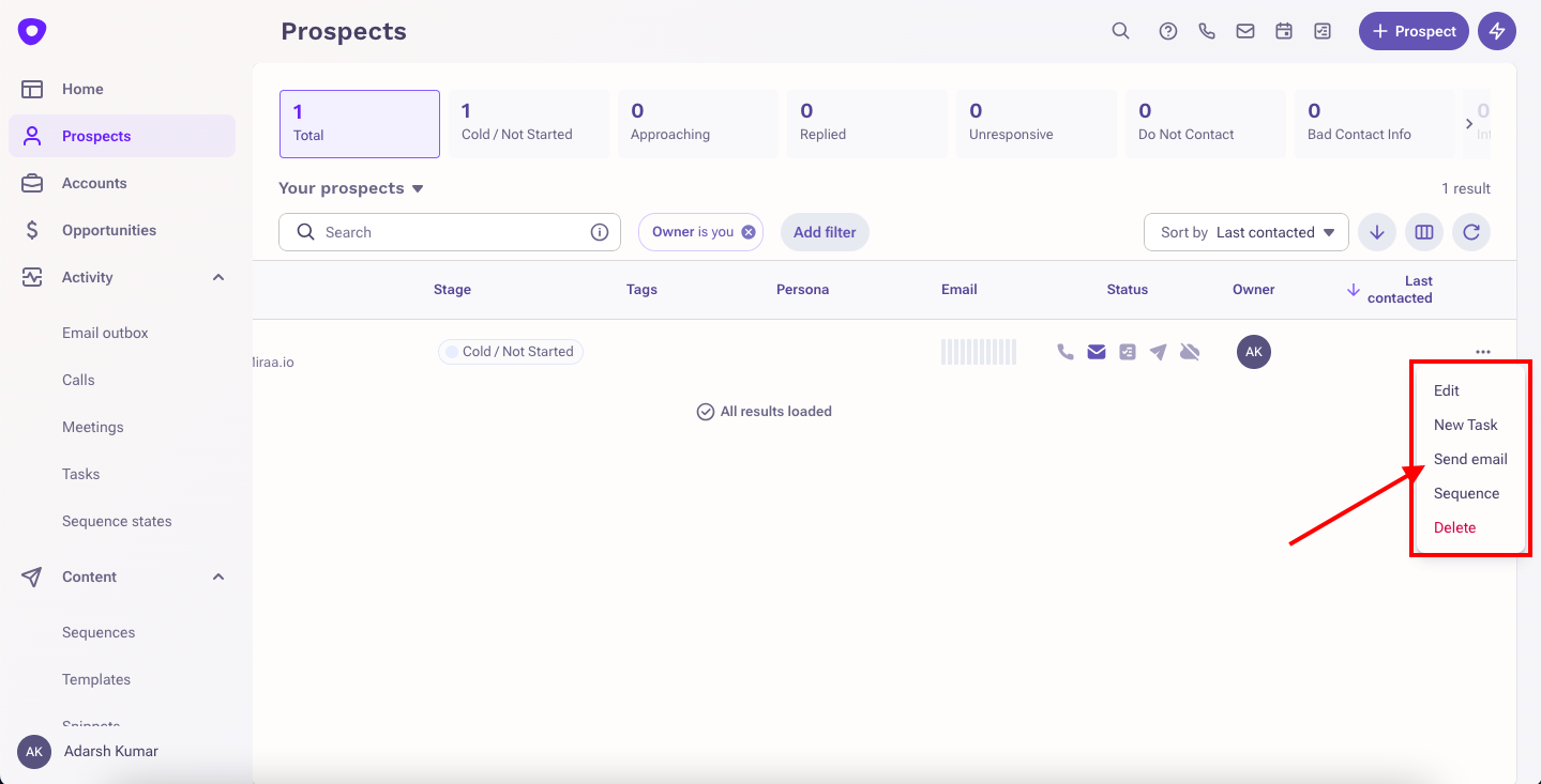Prospects-page-with-options-menu-open-for-'Adarsh,'-including-'Edit'-and-'Send-email.