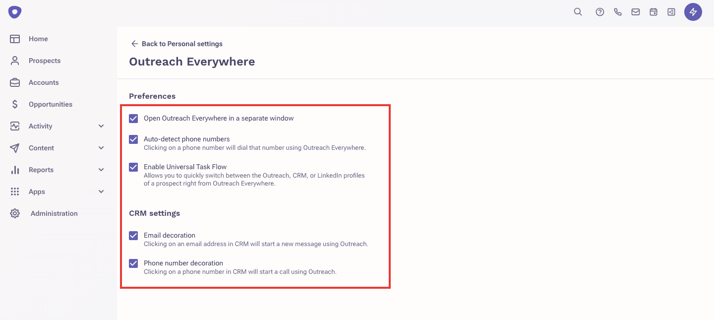 Outreach Everywhere settings in the Outreach personal settings menu, showing options such as Auto-detect phone numbers and Enable Universal Task Flow