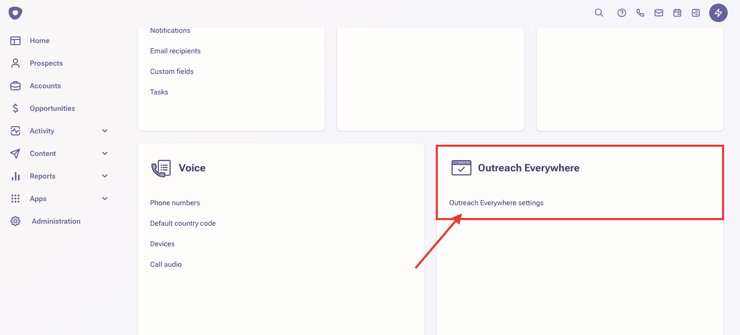 Outreach dashboard with an arrow pointing to the Outreach Everywhere settings under the Voice section