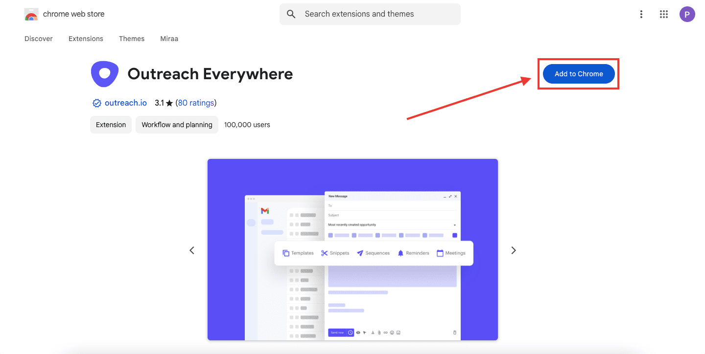 Chrome Web Store page for Outreach Everywhere extension with an arrow pointing to the 'Add to Chrome' button