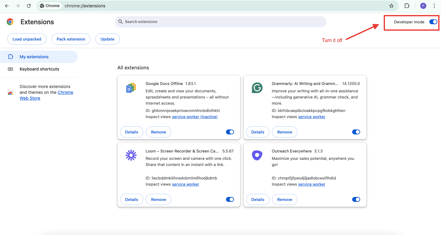 Chrome Extensions page showing the Developer Mode toggle highlighted in the top right corner with an arrow pointing to turn it off