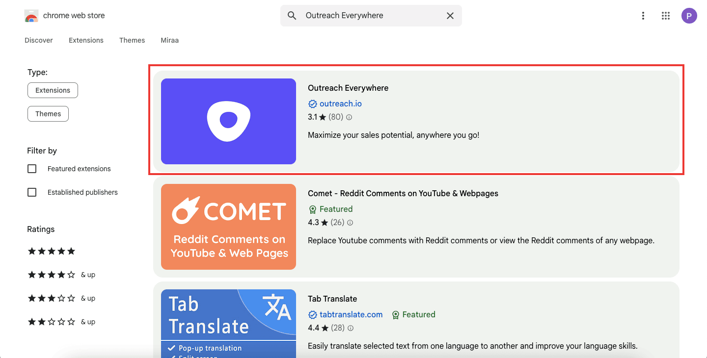 Search result in Chrome Web Store for Outreach Everywhere extension with a purple logo