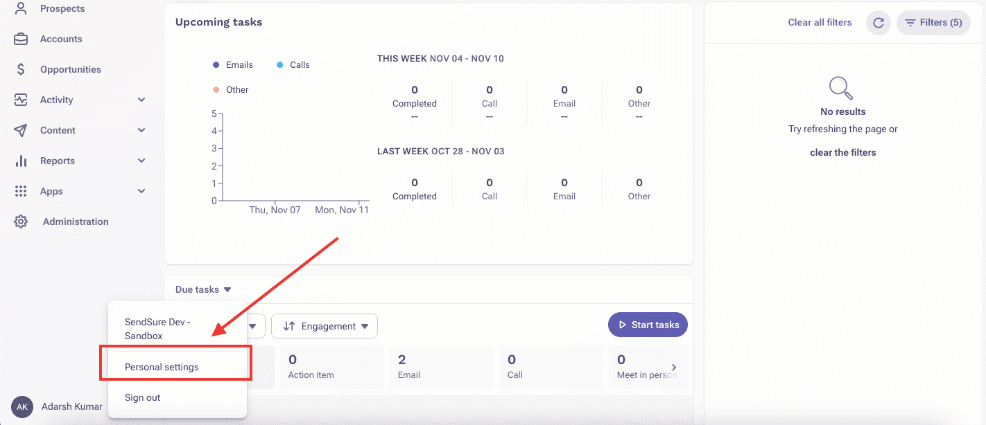 Outreach dashboard showing a dropdown menu to access 'Personal settings' for configuring Outreach Everywhere