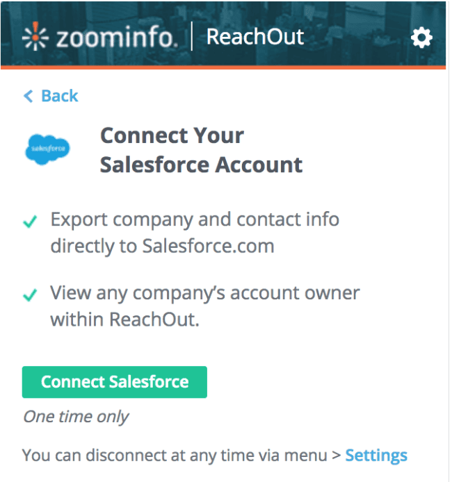 ZoomInfo ReachOut interface prompting user to connect their Salesforce account.