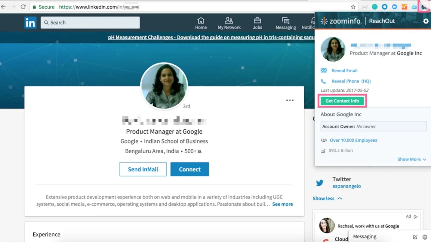 ZoomInfo ReachOut sidebar on LinkedIn profile showing "Get Contact Info" option.