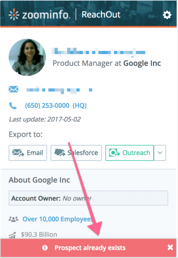 ZoomInfo ReachOut sidebar indicating a prospect already exists in Outreach during the export process.