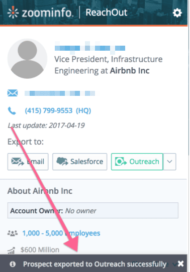 ZoomInfo ReachOut sidebar with an export option to Outreach and confirmation message of successful export.