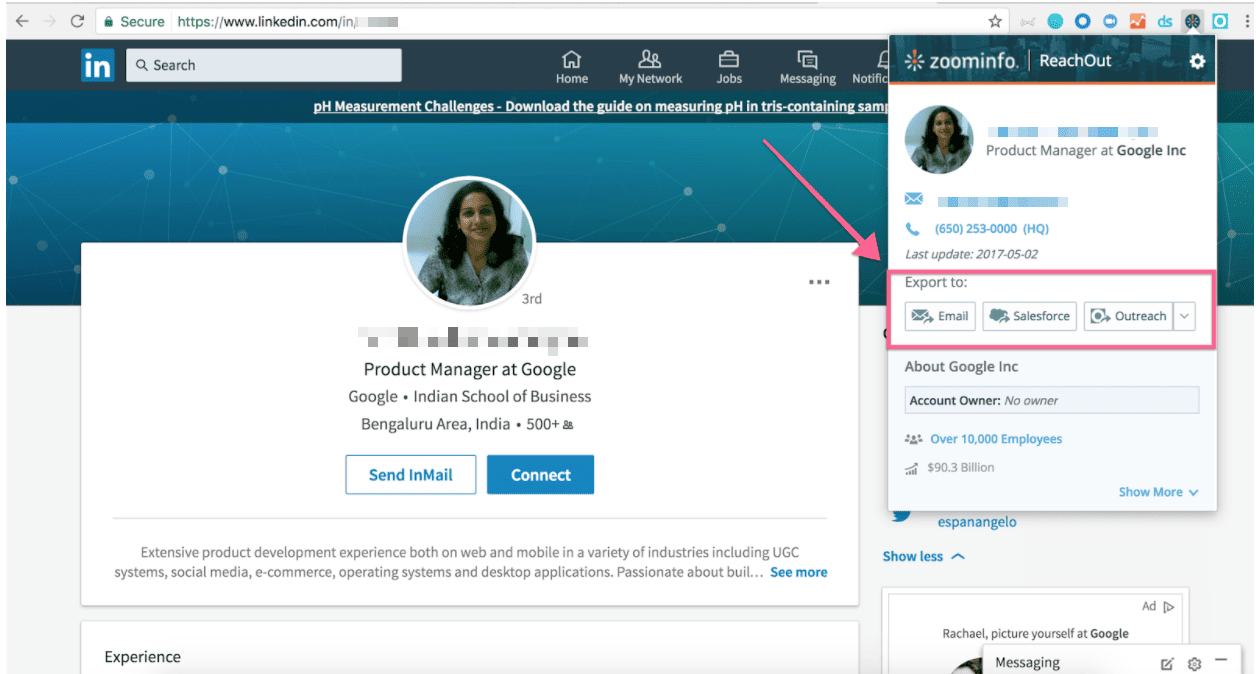 ZoomInfo ReachOut sidebar on LinkedIn profile with options to export contact information to email, Salesforce, and Outreach.