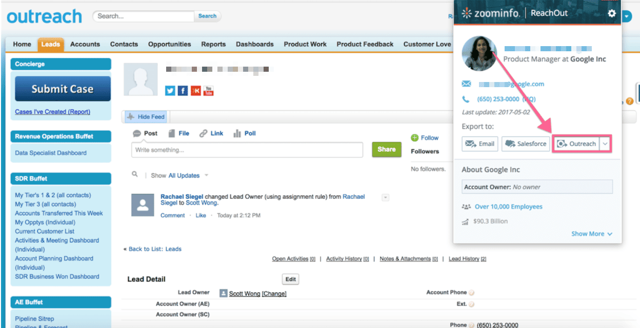 Outreach interface showing ZoomInfo ReachOut sidebar with export options to email, Salesforce, and Outreach.