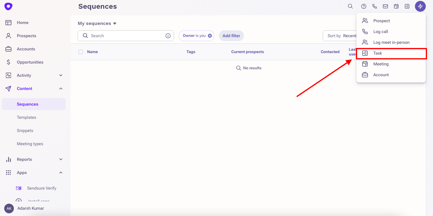 Navigation to task creation from the sequences section in Outreach.