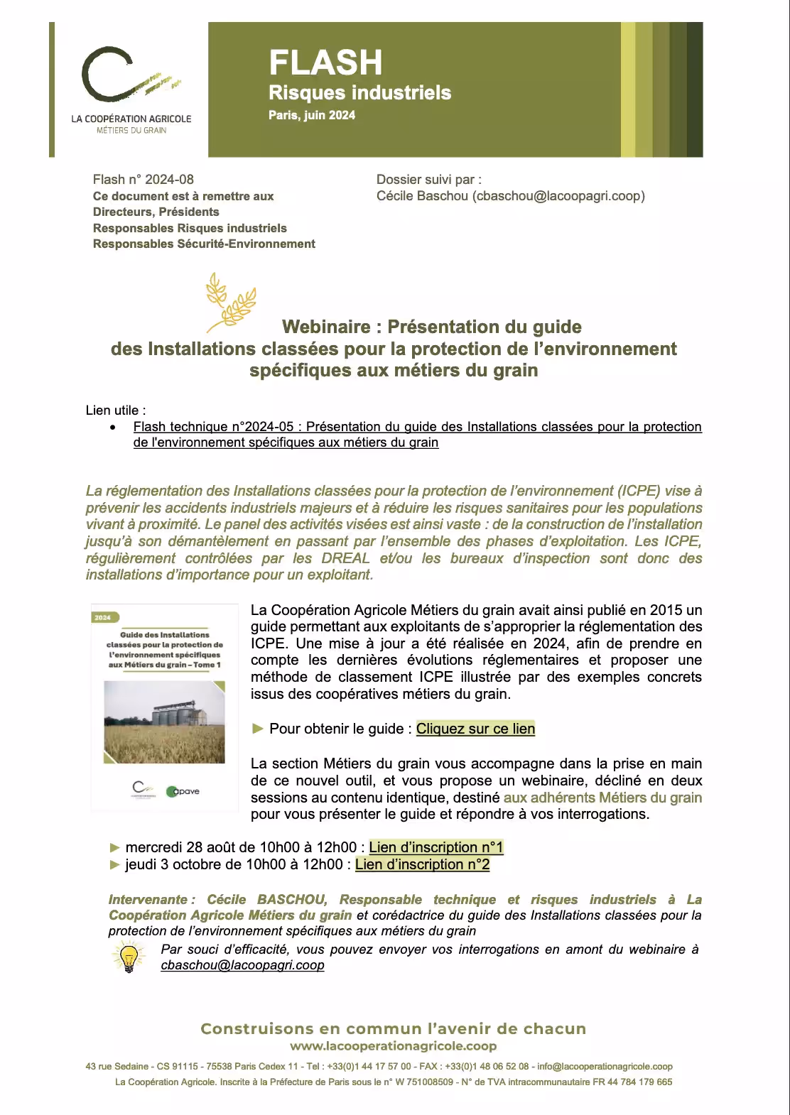 Première page du guide "Installations Classées pour la Protection de l'Environnement" (ICPE) par La Coopération Agricole Métiers du Grain, édition juin 2024, abordant la conformité environnementale et la sécurité industrielle dans le secteur agricole. Première page du guide "Installations Classées pour la Protection de l'Environnement" (ICPE) par La Coopération Agricole Métiers du Grain, édition juin 2024, abordant la conformité environnementale et la sécurité industrielle dans le secteur agricole.