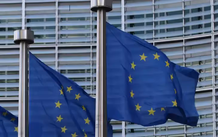 Drapeaux de l'Union Européenne devant un bâtiment officiel, symbolisant les politiques européennes et la coopération internationale. Drapeaux de l'Union Européenne devant un bâtiment officiel, symbolisant les politiques européennes et la coopération internationale.