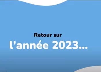 Retour sur l'année 2023 : graphisme bleu avec texte blanc mettant en avant un bilan annuel.