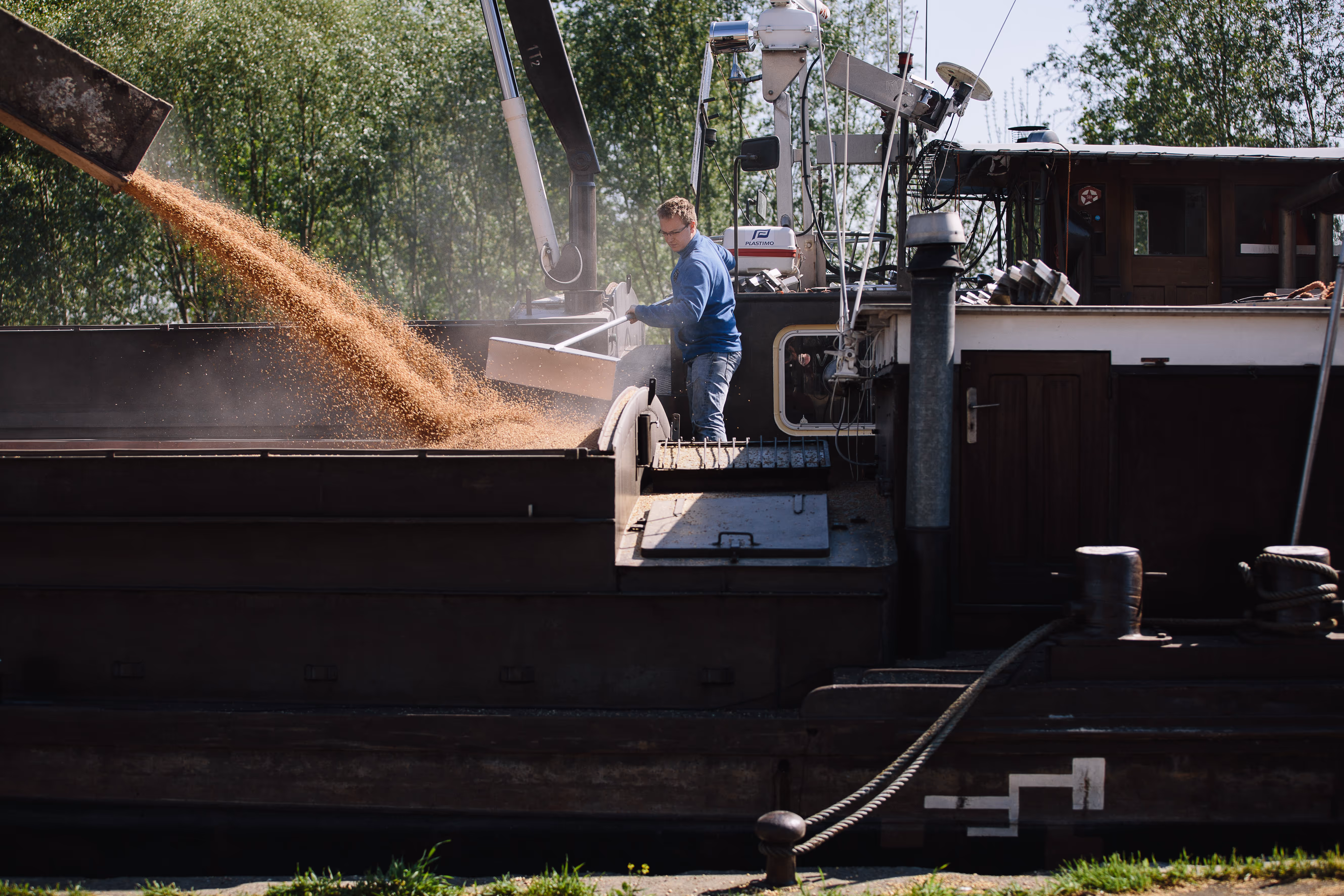Deux agriculteurs examinant des grains dans un champ de blé sous un ciel dégagé, portant des vêtements aux couleurs de leur coopérative. Deux agriculteurs examinant des grains dans un champ de blé sous un ciel dégagé, portant des vêtements aux couleurs de leur coopérative.