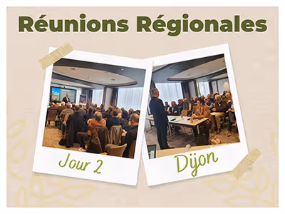 Montage photo de deux réunions avec des participants assis, marquées 'Jour 2' et 'Dijon', dans le cadre du Tour de France des Coops