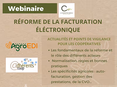 Visuel du webinaire sur la réforme de la facturation électronique pour les coopératives, avec les logos AgroEDI et Adhérents.coop