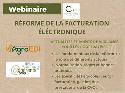 Visuel du webinaire sur la réforme de la facturation électronique pour les coopératives, avec les logos AgroEDI et Adhérents.coop