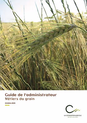 Couverture du guide de l’administrateur des coopératives LCA Métiers du grain, avec photo de champs de céréales en gros plan