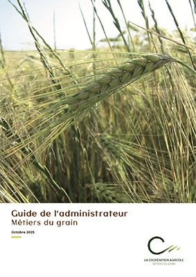 Couverture du guide de l’administrateur des coopératives LCA Métiers du grain, avec photo de champs de céréales en gros plan