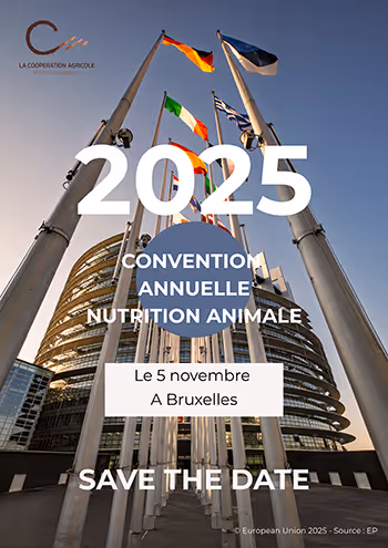 Bâtiment du Parlement européen à Bruxelles avec l’inscription Convention annuelle Nutrition animale 2025
