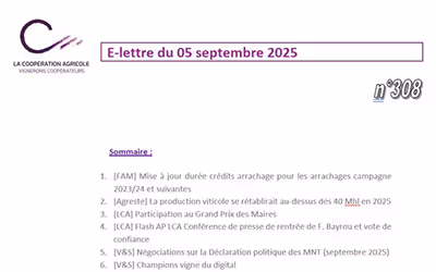 Vue de l’e-lettre du 5 septembre 2025 de La Coopération Agricole, avec sommaire sur les sujets agricoles et viticoles d’actualité.