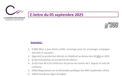 Vue de l’e-lettre du 5 septembre 2025 de La Coopération Agricole, avec sommaire sur les sujets agricoles et viticoles d’actualité.