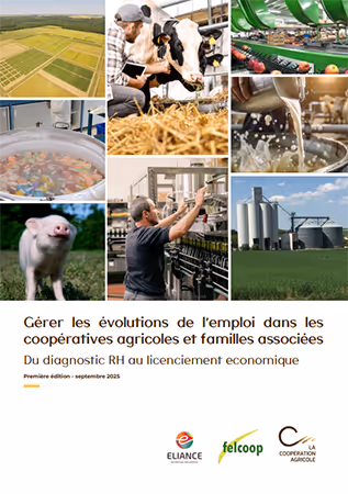 Couverture du guide sur la gestion de l’emploi en coopératives agricoles, illustrée de photos de terrain et d’outils de diagnostic RH.